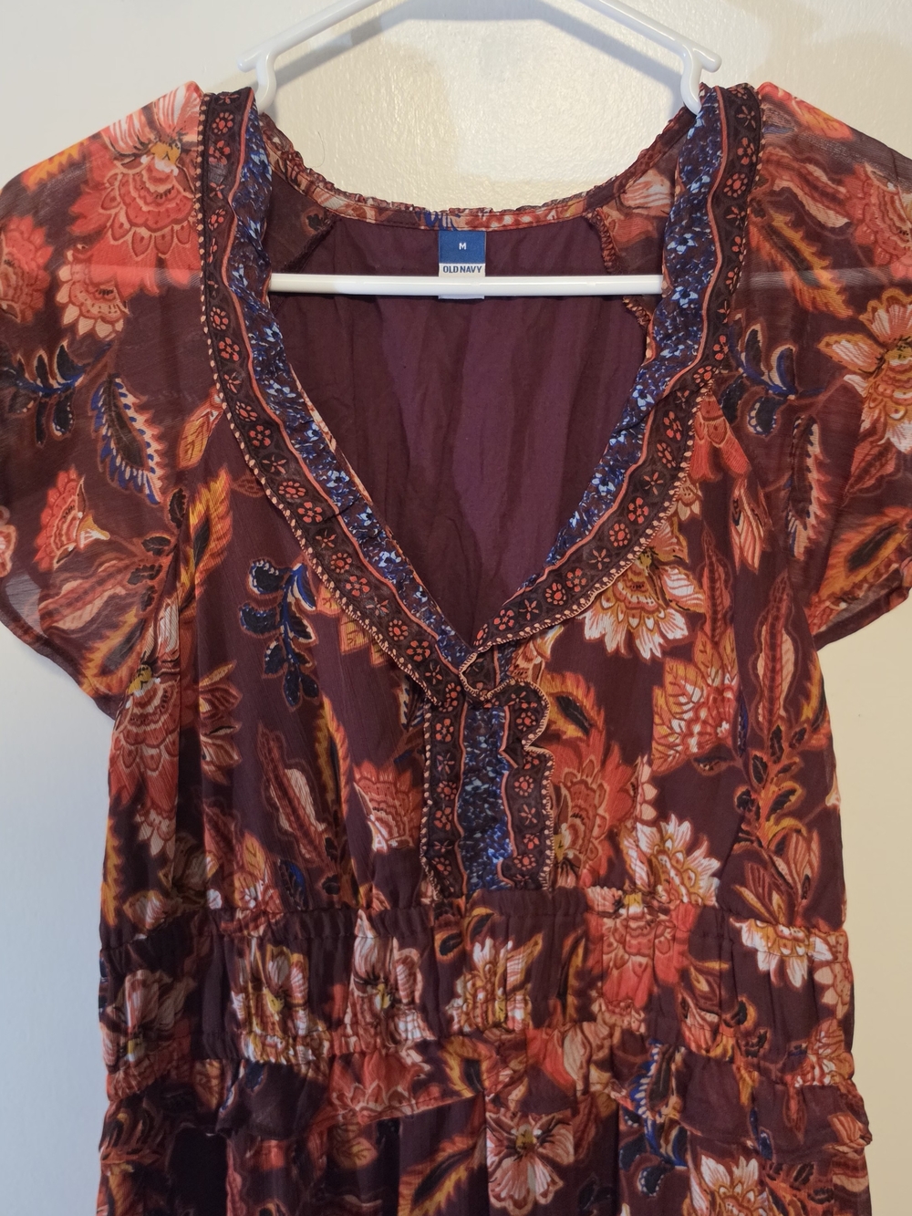 Old Navy Burgundy Floral V-Neck Short Sleeve Tunic